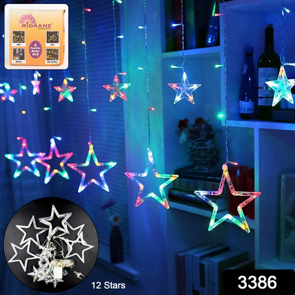 3386 12 Stars Led Curtain String Lights With 8 Flashing Modes For Home Decoration Diwali  Wedding Led Christmas Light Indoor And Outdoor Light Festival Decoration (Multicolor)