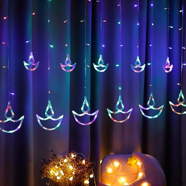 Multicolor 12 Diya Curtain String Lights Window Curtain Lights With 8 Flashing Modes Decoration Light (Multi Color)